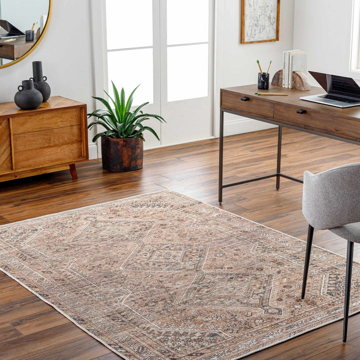 Dark Peach, Ivory and Charcoal Transitional Washable Area Rug - The Rug Decor