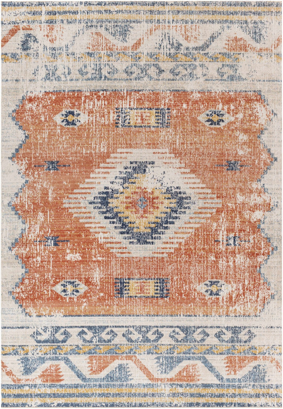 Dark Peach, Silver and Blue Traditional Mamluk Design Outdoor Safe Area Rug - The Rug Decor