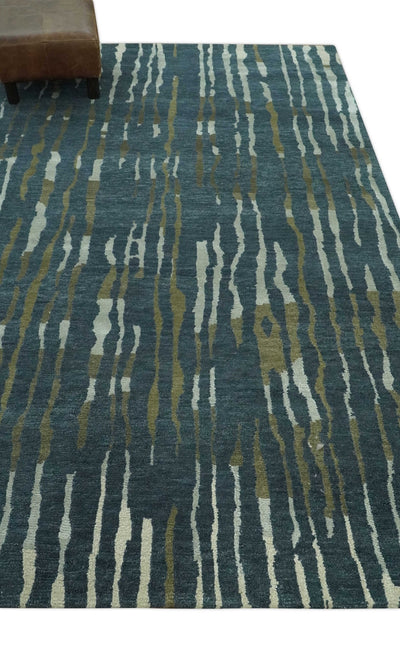 Dark Teal, Olive and Silver Modern Stripes Design Hand loom 5x8 wool and Art Silk Area rug - The Rug Decor