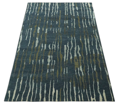 Dark Teal, Olive and Silver Modern Stripes Design Hand loom 5x8 wool and Art Silk Area rug - The Rug Decor