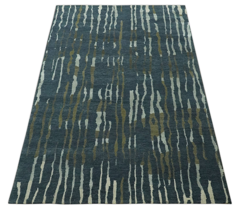 Dark Teal, Olive and Silver Modern Stripes Design Hand loom 5x8 wool and Art Silk Area rug - The Rug Decor