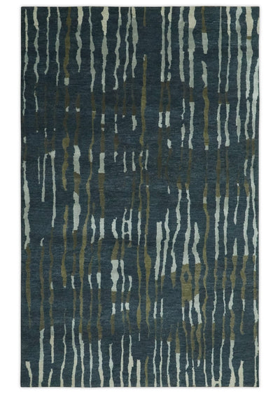 Dark Teal, Olive and Silver Modern Stripes Design Hand loom 5x8 wool and Art Silk Area rug - The Rug Decor