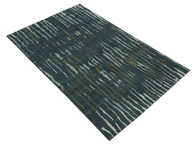 Dark Teal, Olive and Silver Modern Stripes Design Hand loom 5x8 wool and Art Silk Area rug - The Rug Decor