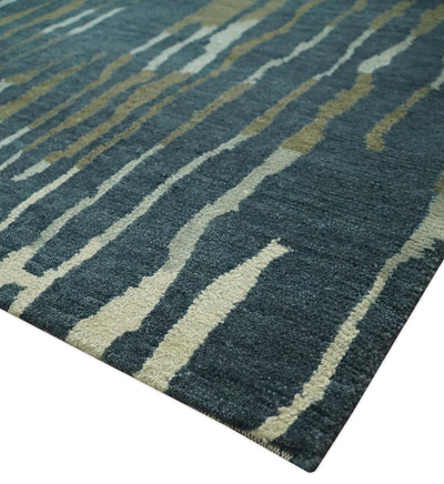 Dark Teal, Olive and Silver Modern Stripes Design Hand loom 5x8 wool and Art Silk Area rug - The Rug Decor