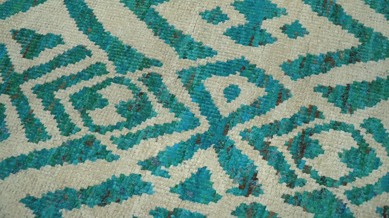 4x6 and 9x12 Hand Knotted Ivory and Blue Modern Contemporary Southwestern Tribal Trellis Recycled Silk Area Rug | OP21