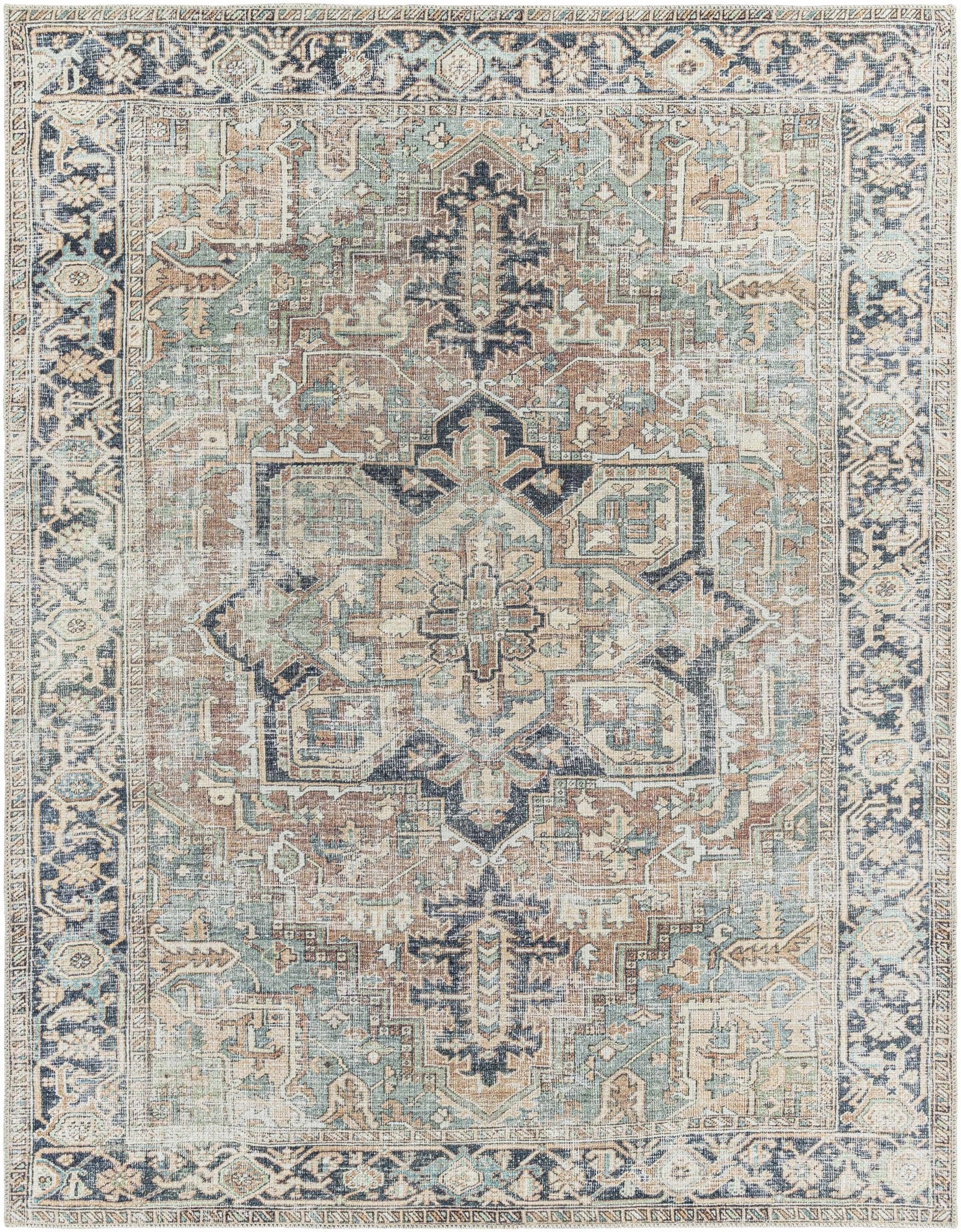 Brown, Blue and Beige Vintage Style Traditional Heriz Turkish Rug
