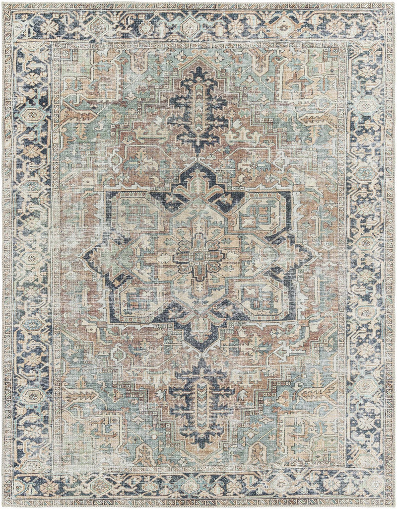 Distressed Finished Brown, Aqua, Blue and Beige Vintage Style Washable Rug - The Rug Decor
