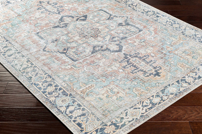 Distressed Finished Brown, Aqua, Blue and Beige Vintage Style Washable Rug - The Rug Decor
