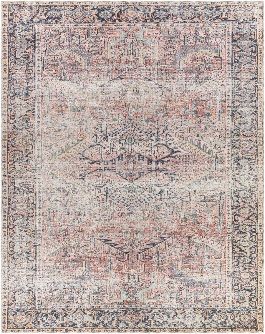Distressed Finished Vintage Style Peach and Charcoal Traditional Washable Rug - The Rug Decor