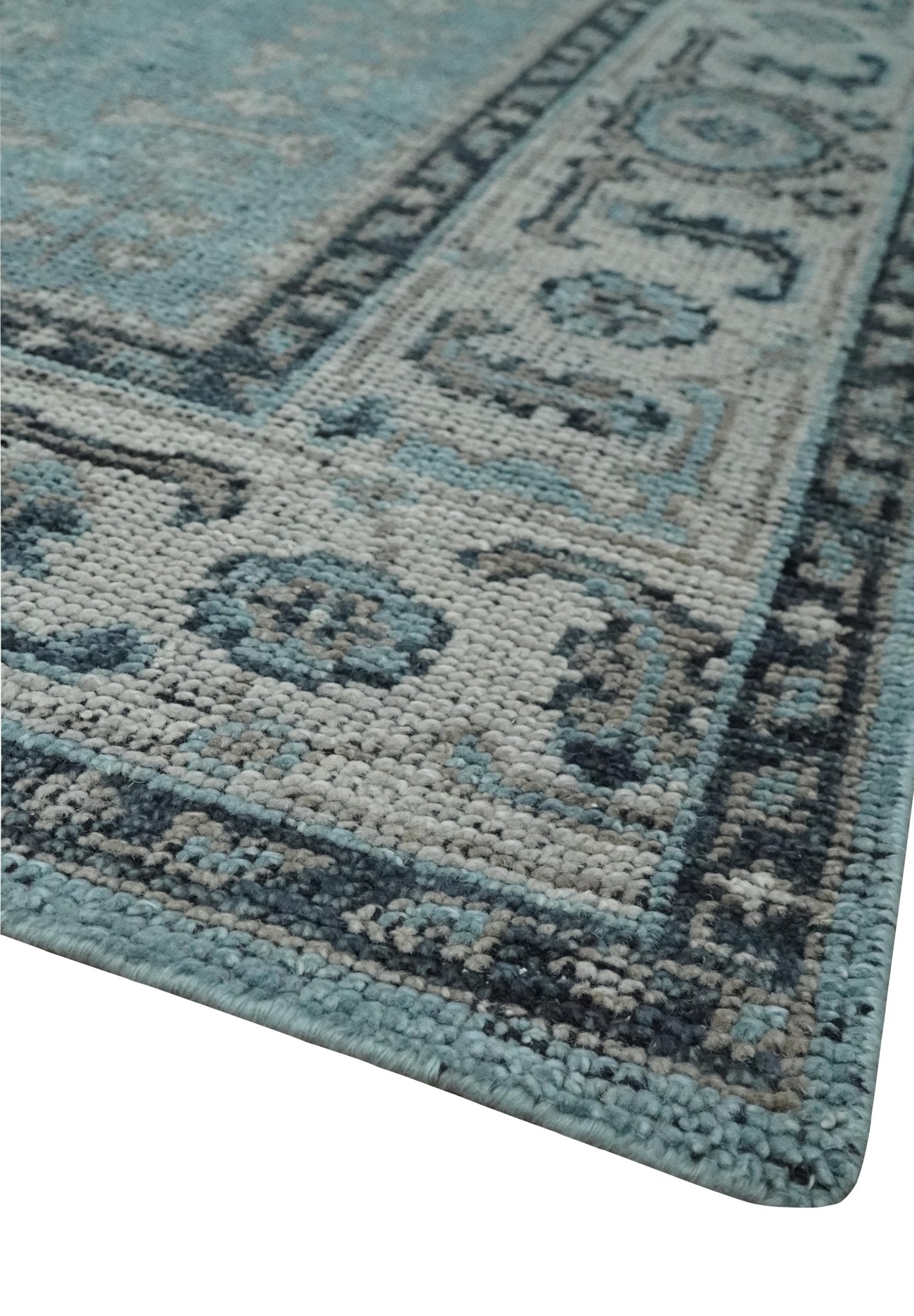 Distressed Hand Knotted Multi Size Blue, Silver and Charcoal Traditional Low Pile Wool Area Rug - The Rug Decor