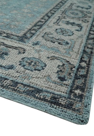 Distressed Hand Knotted Multi Size Blue, Silver and Charcoal Traditional Low Pile Wool Area Rug - The Rug Decor