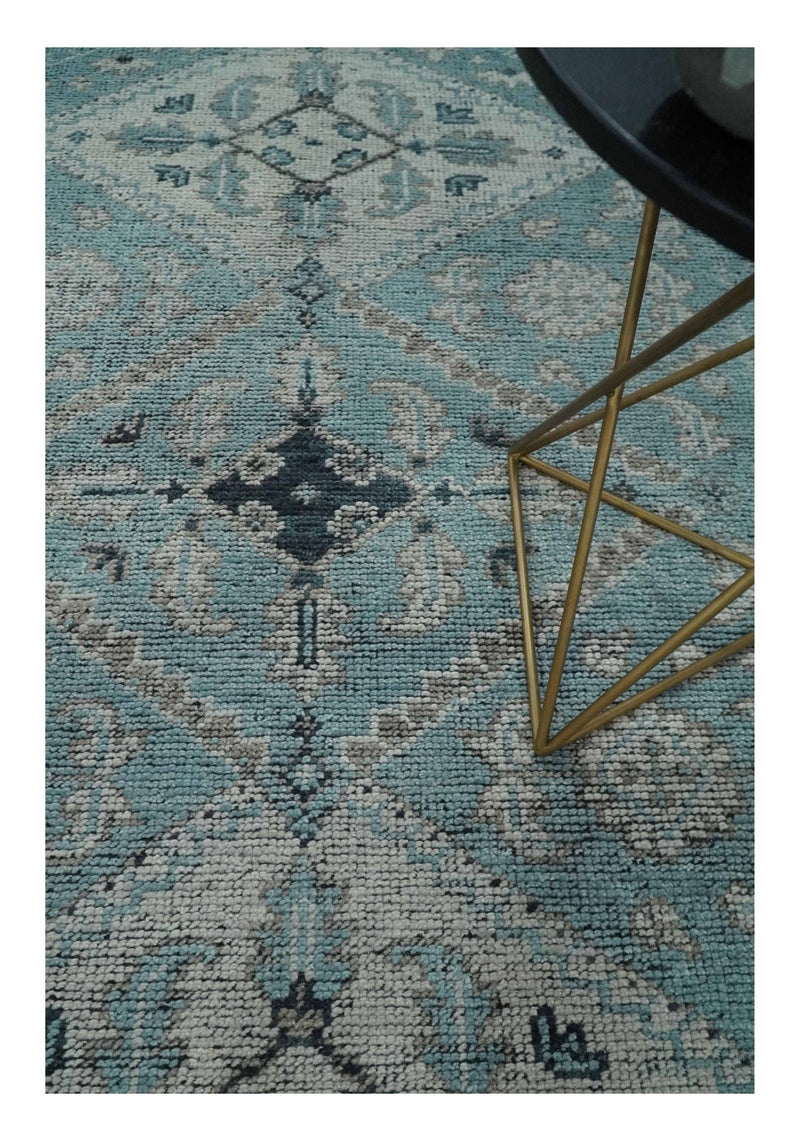 Distressed Hand Knotted Multi Size Blue, Silver and Charcoal Traditional Low Pile Wool Area Rug - The Rug Decor