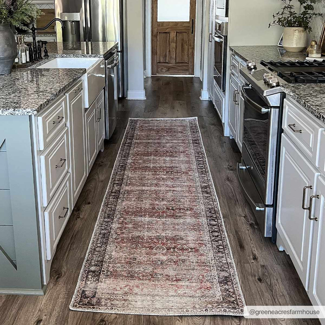 Distressed Look Traditional Rust And Dark Purple Turkish Design Machine Washable Rug - The Rug Decor