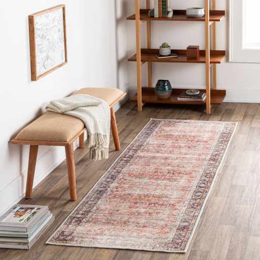 Distressed Look Traditional Rust And Dark Purple Turkish Design Machine Washable Rug - The Rug Decor