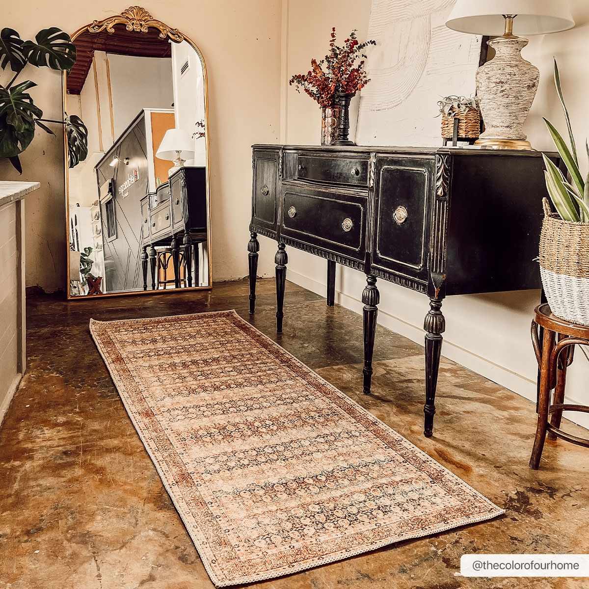 Distressed Look Beige, Rust and Blue Ikat Design Machine Washable Rug ...