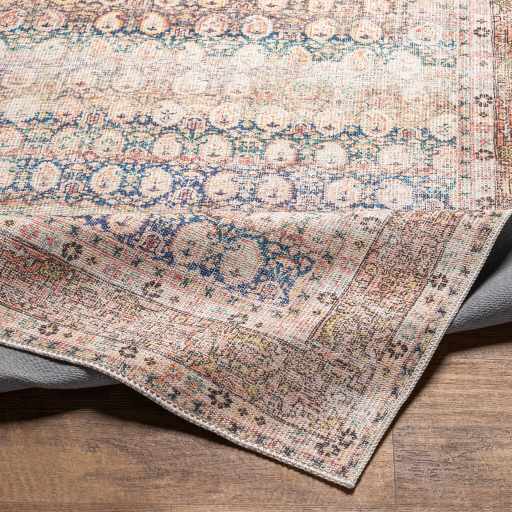 Distressed Look Beige, Rust and Blue Ikat Design Machine Washable Rug ...
