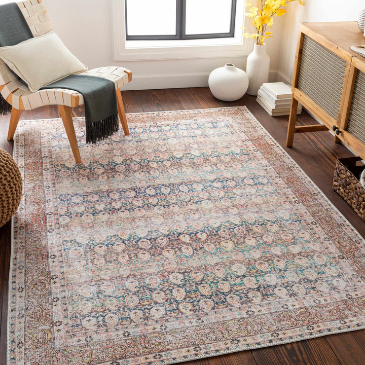 Distressed Look Vintage Style Beige, Rust and Blue Ikat design Machine Washable Rug - The Rug Decor