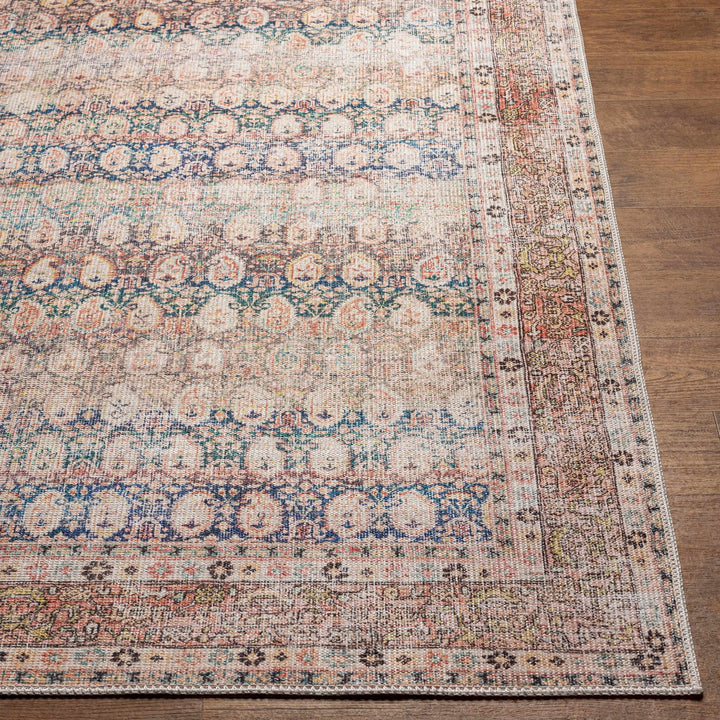 Distressed Look Vintage Style Beige, Rust and Blue Ikat design Machine Washable Rug - The Rug Decor