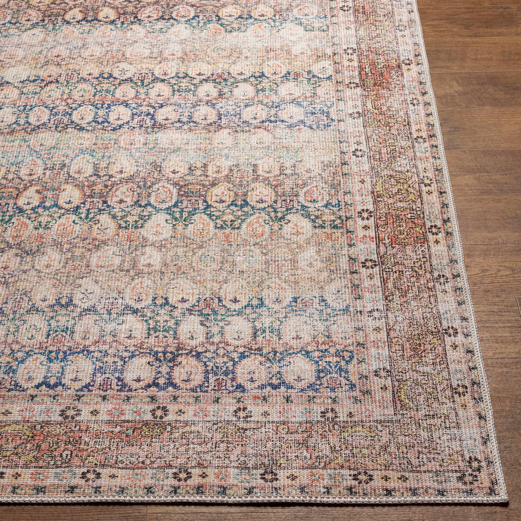 Distressed Look Beige, Rust and Blue Ikat Design Machine Washable Rug ...