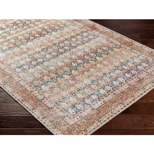 Distressed Look Beige, Rust and Blue Ikat Design Machine Washable Rug ...
