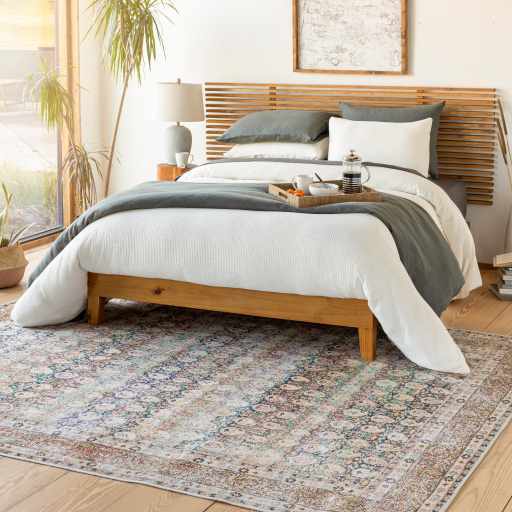 Distressed Look Vintage Style Beige, Rust and Blue Ikat design Machine Washable Rug - The Rug Decor