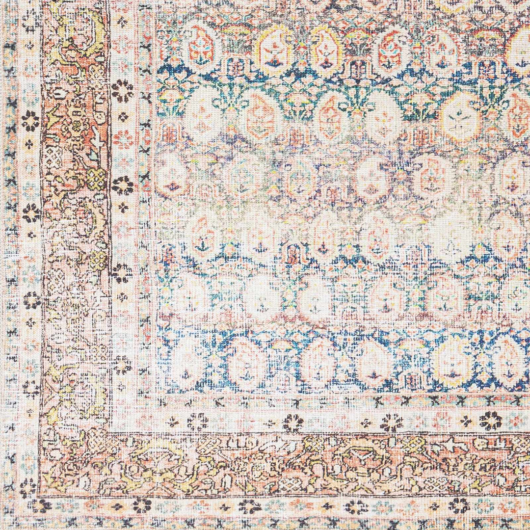 Distressed Look Vintage Style Beige, Rust and Blue Ikat design Machine Washable Rug - The Rug Decor