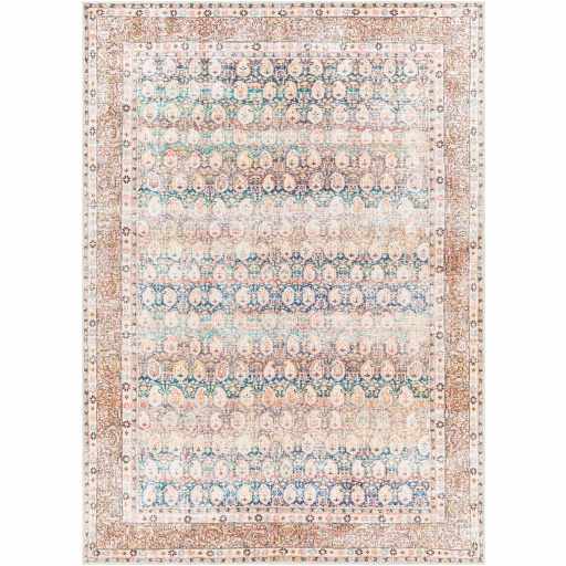 Distressed Look Vintage Style Beige, Rust and Blue Ikat design Machine Washable Rug - The Rug Decor