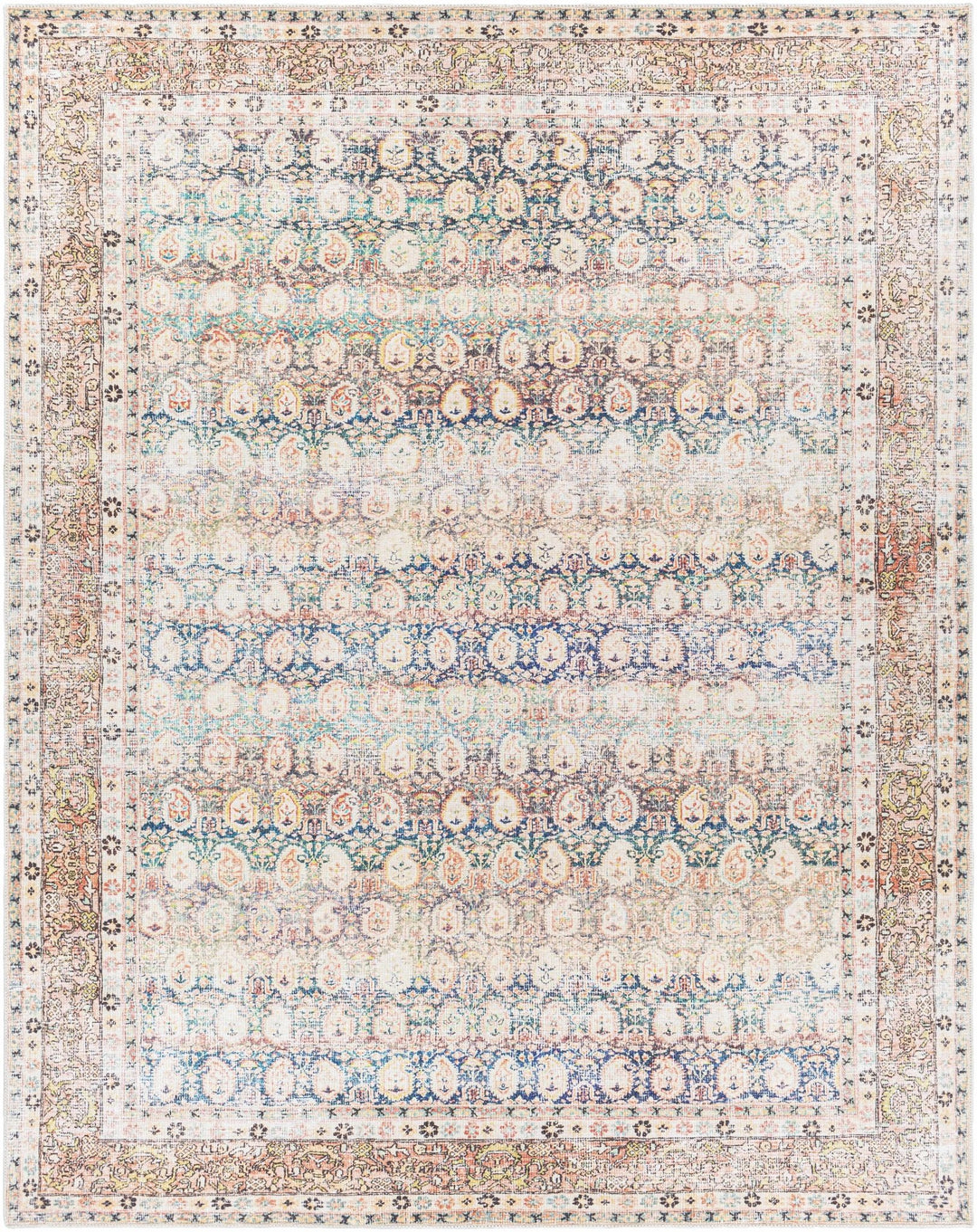 Distressed Look Vintage Style Beige, Rust and Blue Ikat design Machine Washable Rug - The Rug Decor