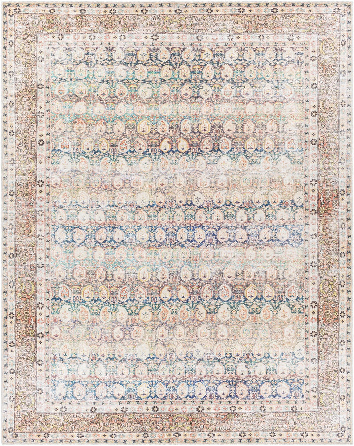 Distressed Look Vintage Style Beige, Rust and Blue Ikat design Machine Washable Rug - The Rug Decor