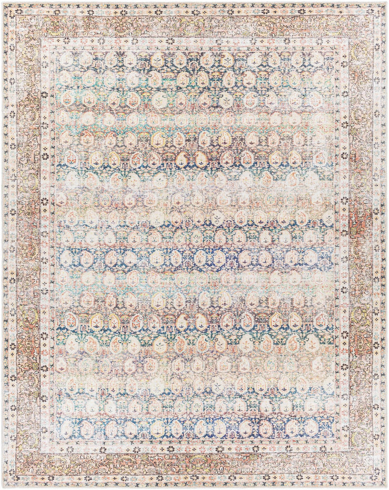 Distressed Look Vintage Style Beige, Rust and Blue Ikat design Machine Washable Rug - The Rug Decor