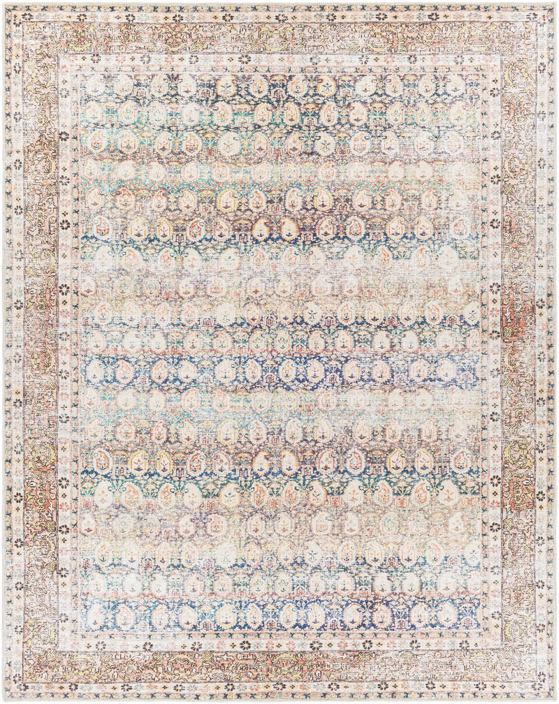 Distressed Look Beige, Rust and Blue Ikat Design Machine Washable Rug ...
