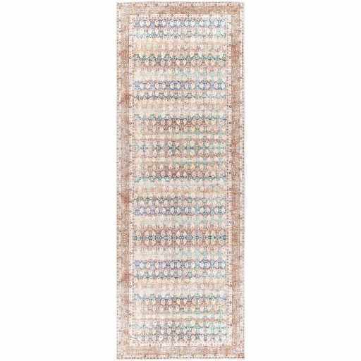 Distressed Look Beige, Rust and Blue Ikat Design Machine Washable Rug ...