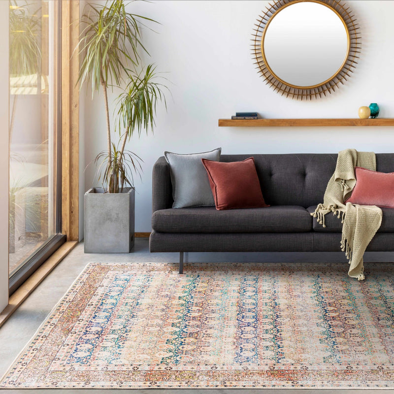 Distressed Look Beige, Rust and Blue Ikat Design Machine Washable Rug ...