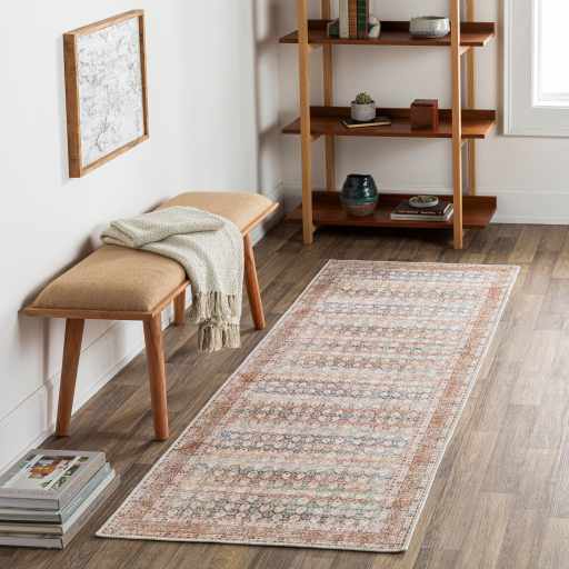 Distressed Look Vintage Style Beige, Rust and Blue Ikat design Machine Washable Rug - The Rug Decor