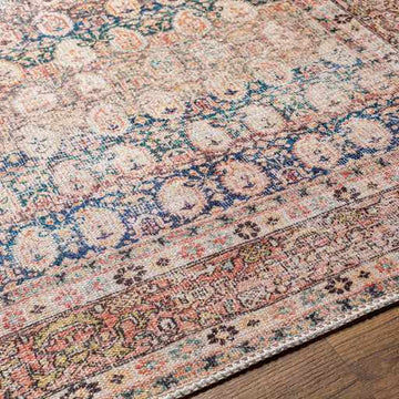 Distressed Look Beige, Rust and Blue Ikat Design Machine Washable Rug ...