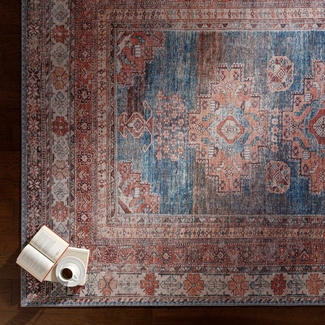 Distressed Look Vintage Style Machine Woven Rust, Blue and Ivory Traditional Washable Rug - The Rug Decor
