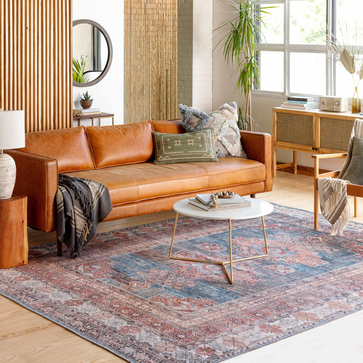 Distressed Look Vintage Style Machine Woven Rust, Blue and Ivory Traditional Washable Rug - The Rug Decor