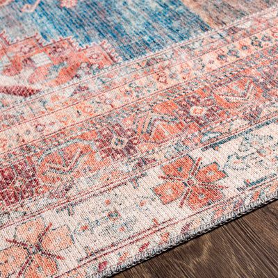 Distressed Look Vintage Style Machine Woven Rust, Blue and Ivory Traditional Washable Rug - The Rug Decor