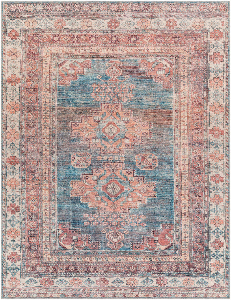 Distressed Look Vintage Style Machine Woven Rust, Blue and Ivory Traditional Washable Rug - The Rug Decor