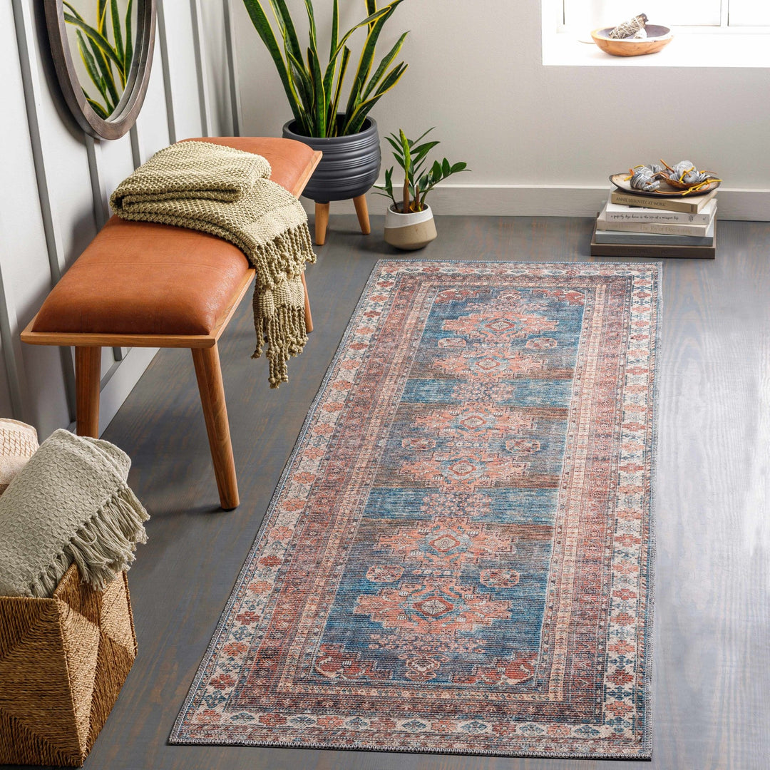 Distressed Look Vintage Style Machine Woven Rust, Blue and Ivory Traditional Washable Rug - The Rug Decor