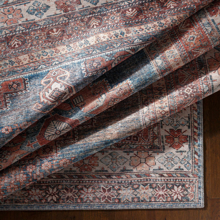 Distressed Look Vintage Style Machine Woven Rust, Blue and Ivory Traditional Washable Rug - The Rug Decor