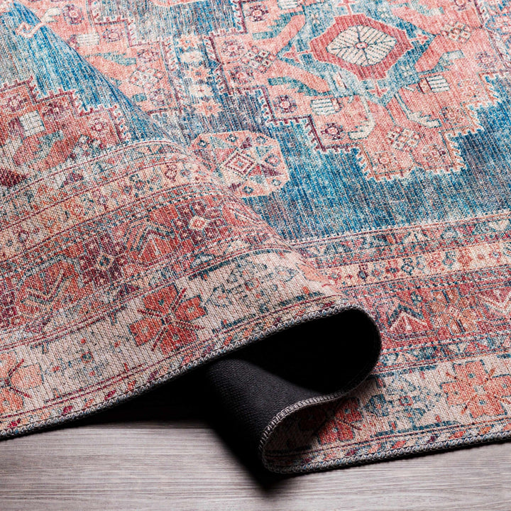 Distressed Look Vintage Style Machine Woven Rust, Blue and Ivory Traditional Washable Rug - The Rug Decor