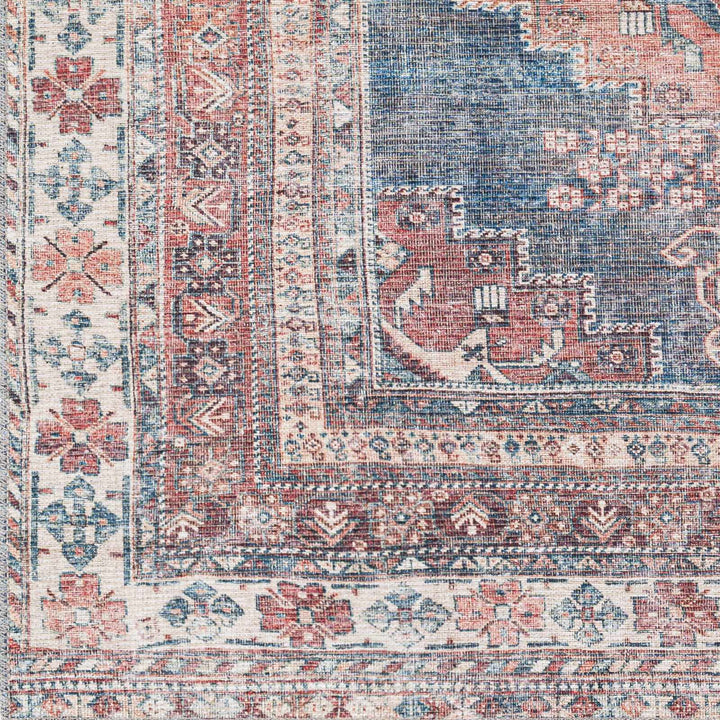 Distressed Look Vintage Style Machine Woven Rust, Blue and Ivory Traditional Washable Rug - The Rug Decor