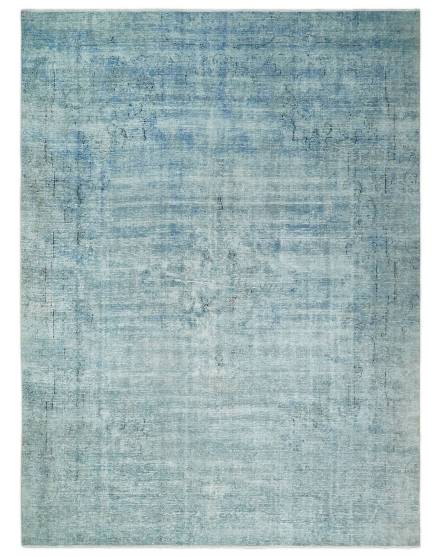Distressed Vintage 8x11 Blue Traditional Oxidized Textured Persian Low Pile Wool Rug | TRD4308 - The Rug Decor