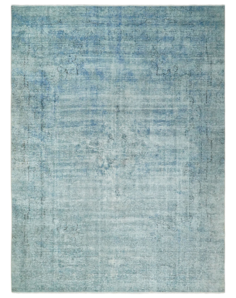 Distressed Vintage 8x11 Blue Traditional Oxidized Textured Persian Low Pile Wool Rug | TRD4308 - The Rug Decor