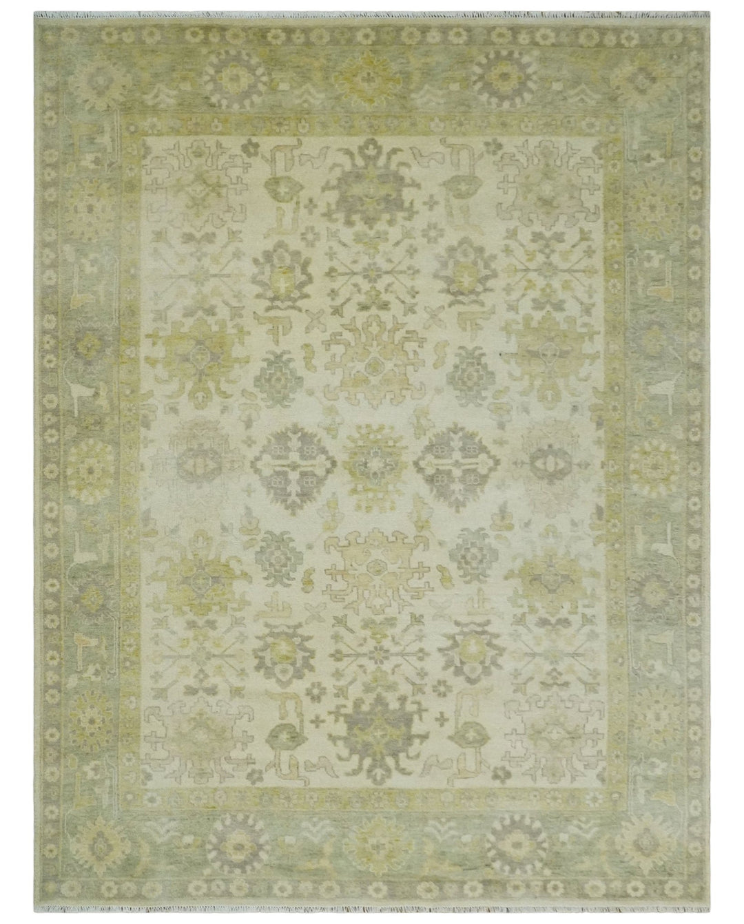 Earthy Ivory and Olive 9x12 Traditional Antique Finish Hand knotted Wool Area Rug - The Rug Decor