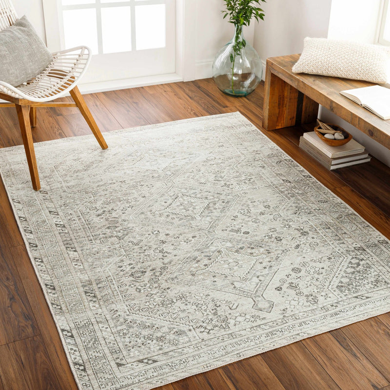 Earthy Neutral Traditional Turkish Machine Woven Beige and Charcoal Machine Washable Rug - The Rug Decor