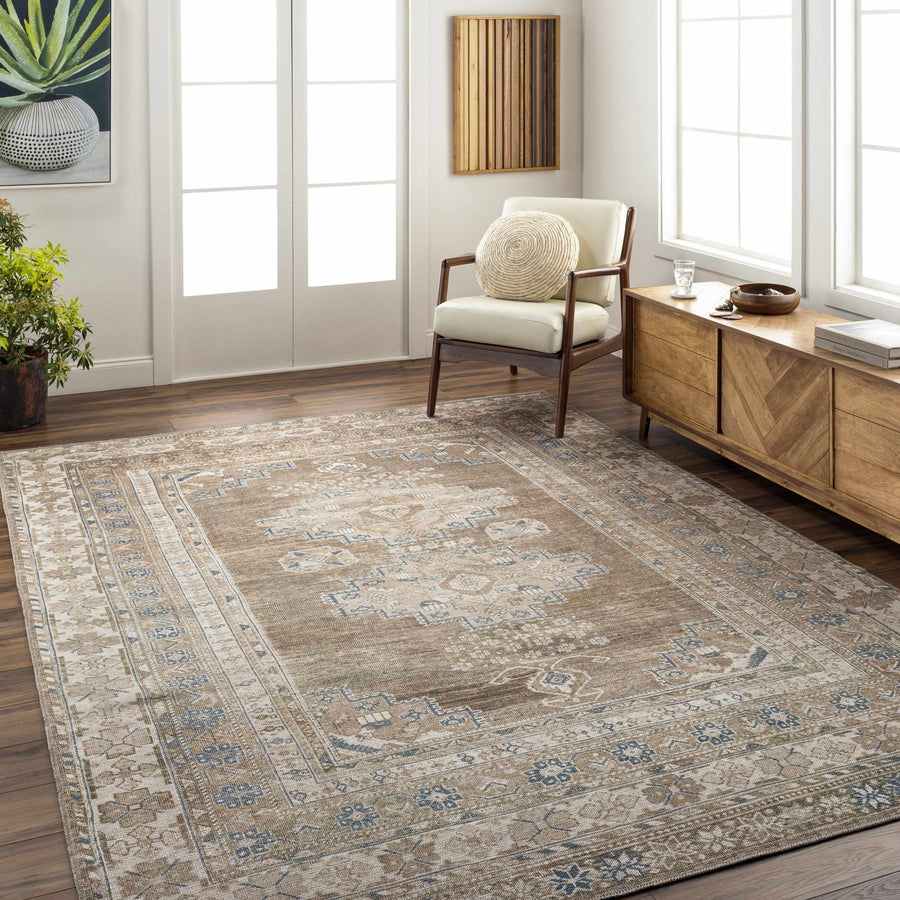 Earthy Turkish Design Dusty Sage And Cream Machine-Washable Rug