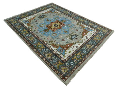 Eclectic 5x8, 6x9, 8x10, 9x12, 10x14 and 12x15 Hand Knotted Blue, Silver and Gray Vibrant Colorful Persian heriz Serapi Rug | TRDCP806 - The Rug Decor