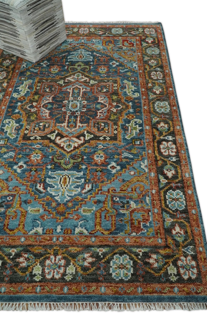 Eclectic 5x8 Wool Traditional Persian Blue and Brown Vibrant Colorful Hand knotted SerapiArea Rug | TRDCP19158 - The Rug Decor